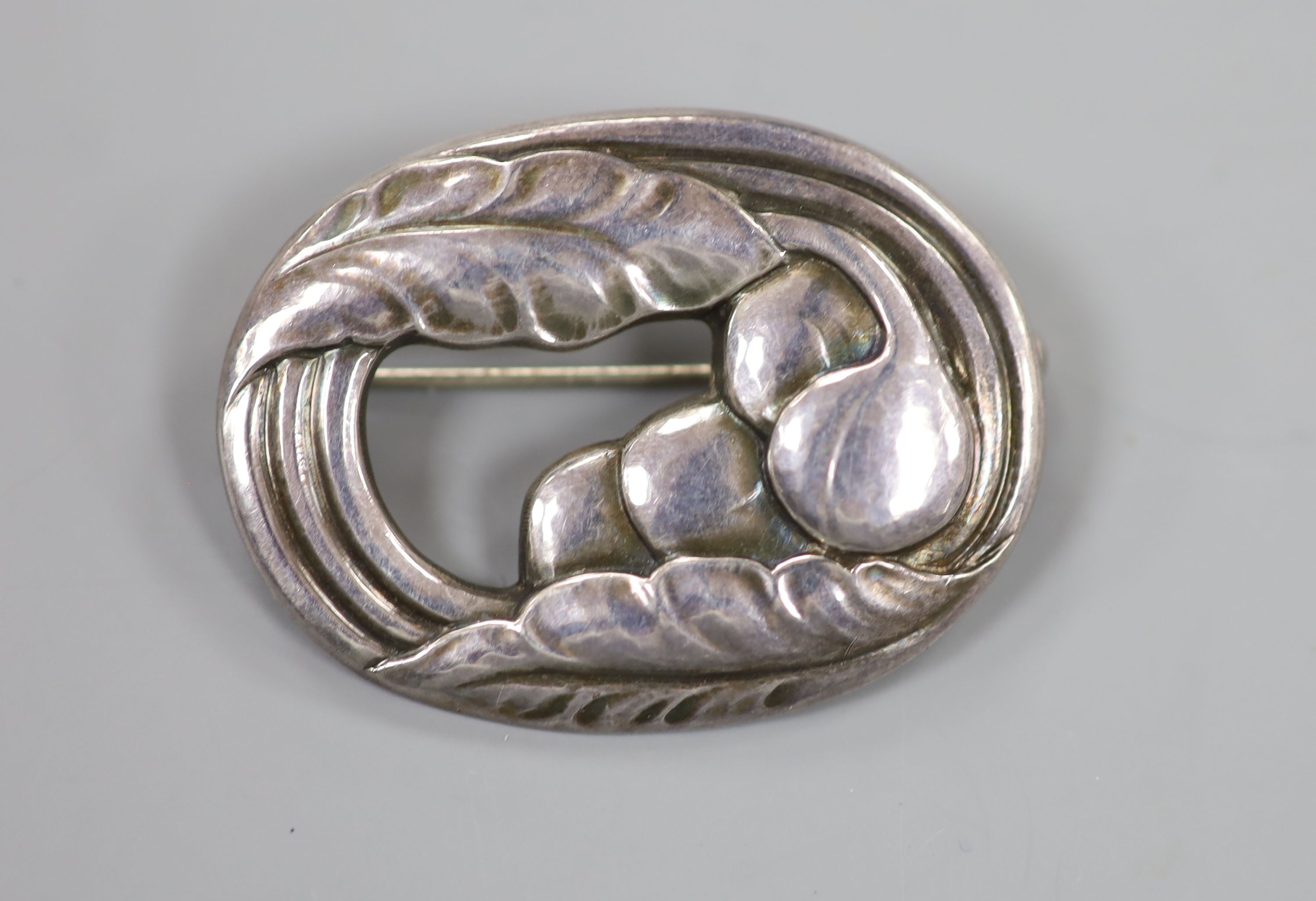 A Georg Jensen sterling oval leaf and fruit brooch, no. 18, 45mm.